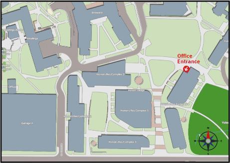 Map of Honors Village with Honors Office indicated with an arrow